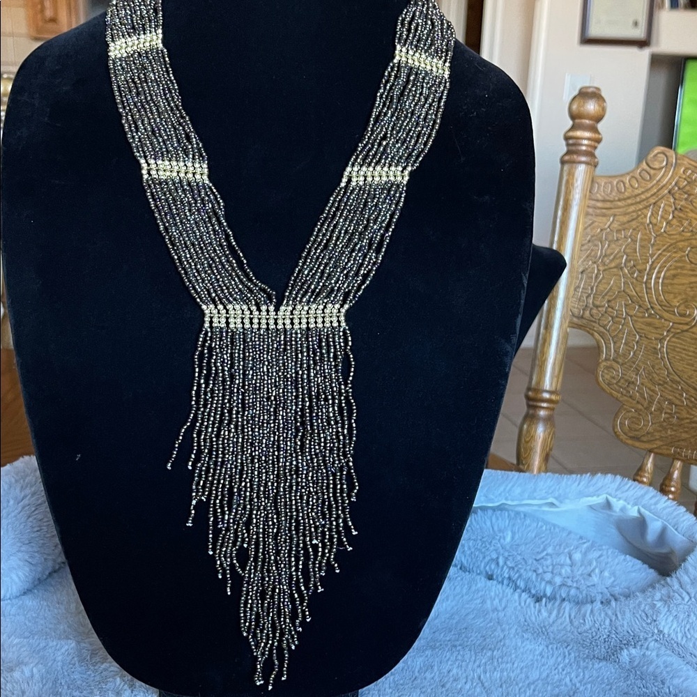 mark. Gold and Black Beaded Fringe Necklace